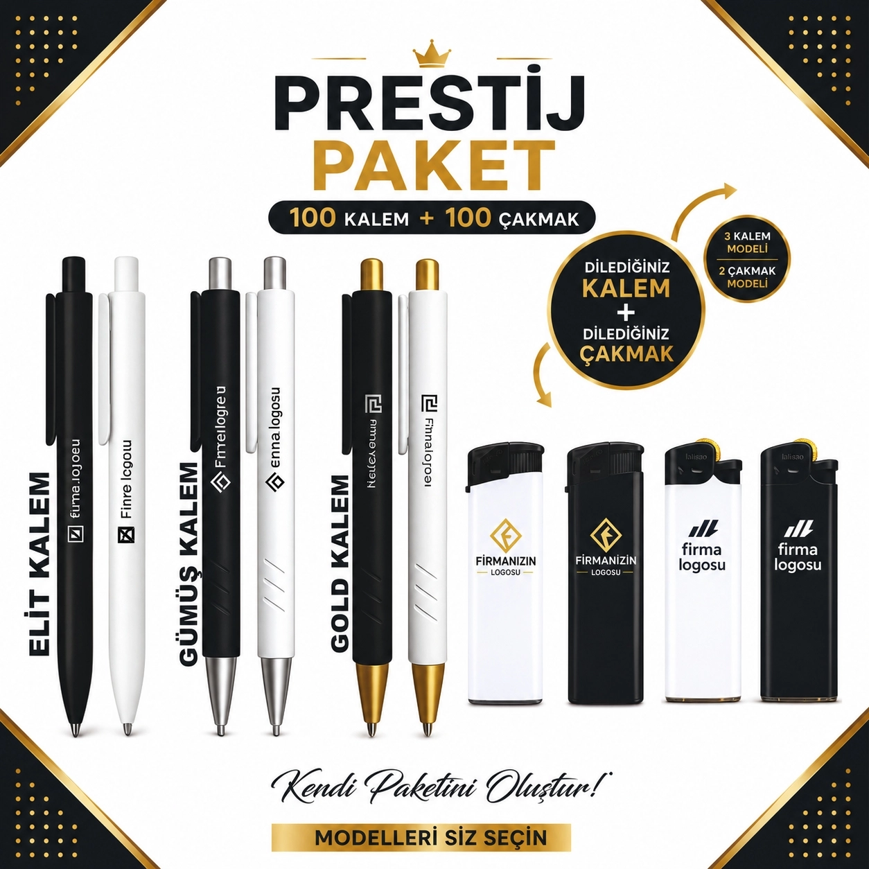 Prestij Paket - 100 Kalem + 100 Çakmak, Model Seçmeli