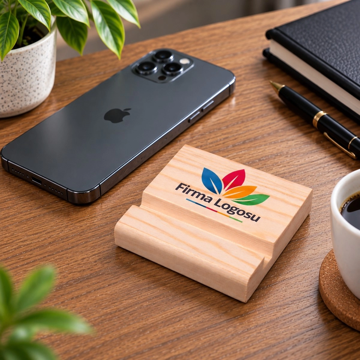 Ahşap Telefon Tutucu - Renkli Logo Baskılı