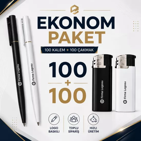 Ekonom Paket - 100 Kalem + 100 Çakmak, Logolu